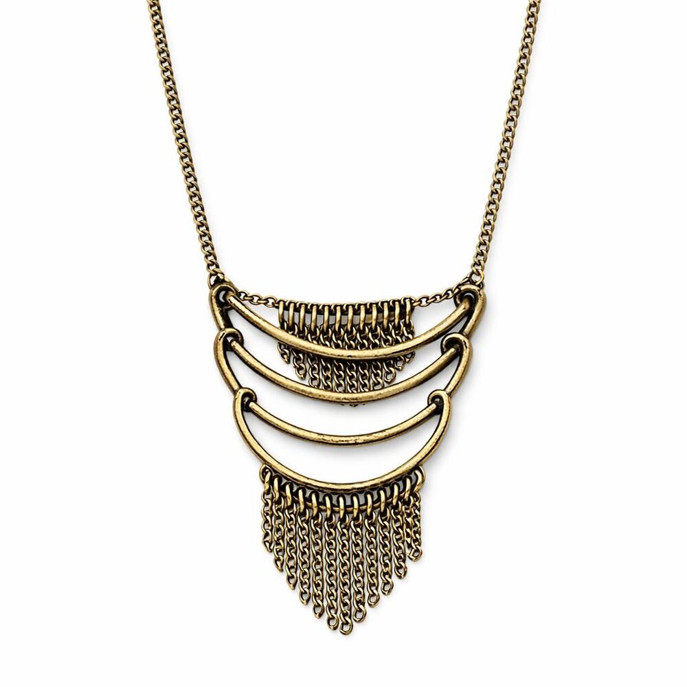 Brass Tone Layered Chain 22" - 24.5" Necklace Geometric Fringe Pendant Bohemian